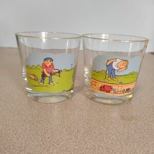 Vintage 1960s Ashby Golf Cartoon Rocks Glass, set of 2